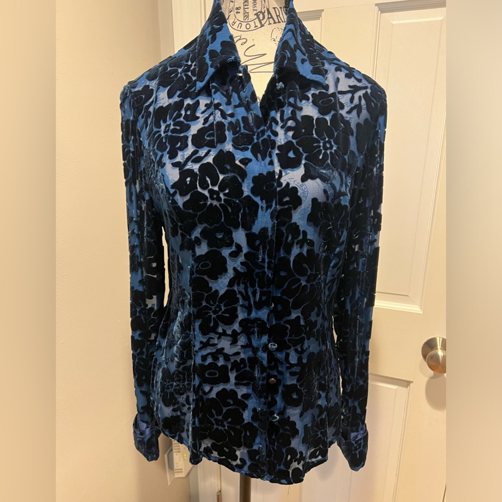 Navy blue silk rayon blend dressy blouse